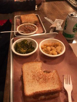 Grilled cheese, beans, macaroni & cheese, beyond sausage bbq sandwich.