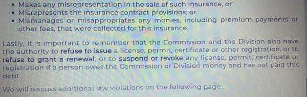 The bullet points are random violations for home insurance sellers, randomly in between violations for licensees.