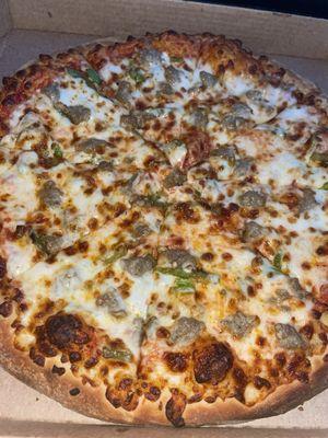 Large one topping pizza for $12 (after tax): sausage and bell pepper pizza