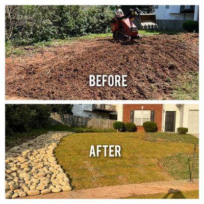 Front yard drycreek bed tree/root removal and sod installation