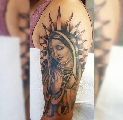 Virgen de Guadalupe done in 2 sessions by @tattoosbypizarron