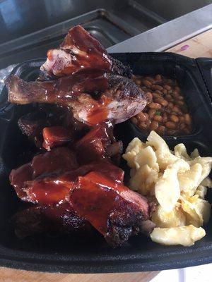 Barbecue chicken and ribs macaroni and cheese and vegetarian baked beans Bell peppers onions and brown sugar