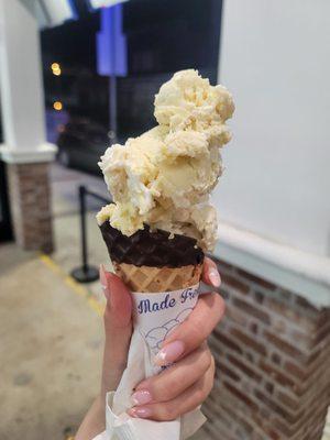 Banana Cream Pie Ice Cream in a Dipped Waffle Cone