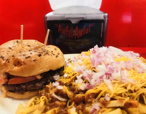 The infamous "awful awful" burger and homemade chili cheese fries