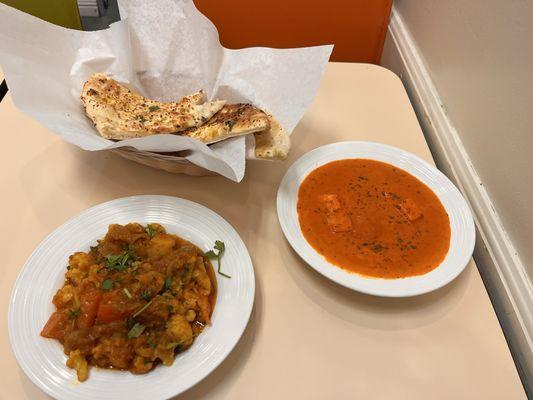 Paneer Tikka Masala, Aloo Gobi , and Garlic Naan