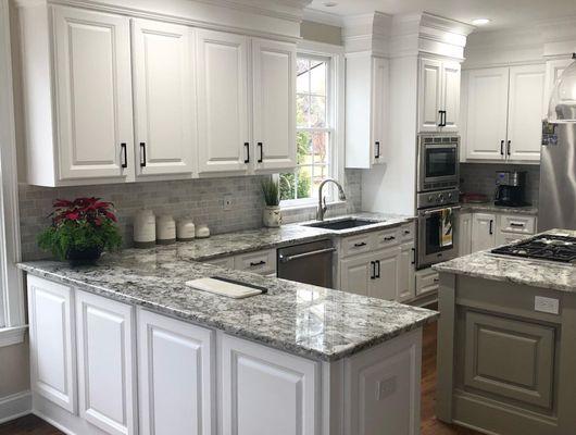 Cabinet Refinishing Doors Drawer with New Trash Slideout Crown Molding and Corbels near Peachtree City