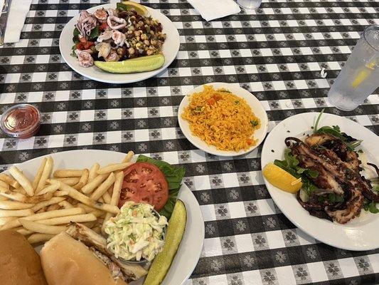 Shrimp Salad Sandwich, octopus special, Rice, and Italian Seafood Salad Platter