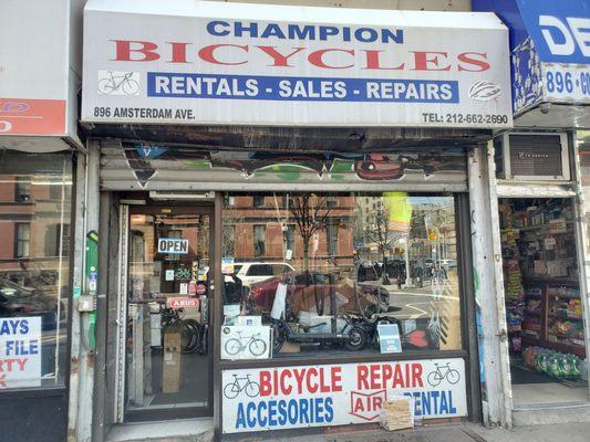 This is the outside of "Champion Bicycles" located between 103rd-104th St. on Amsterdam Ave.