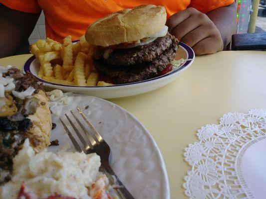 Double mushroom burger and fries