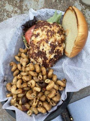 Crab cake sandwich and pasta salad