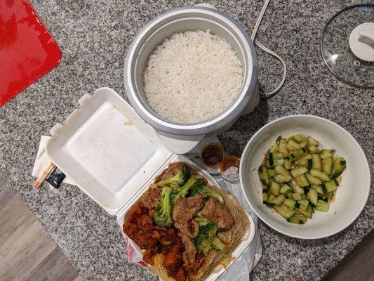 Made steamed rice and cucumber salad before picking up the food so it could balance out the sodium.