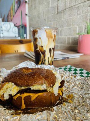 Bacon Breakfast Bagel & Iced Espresso with a Splash of Cream.