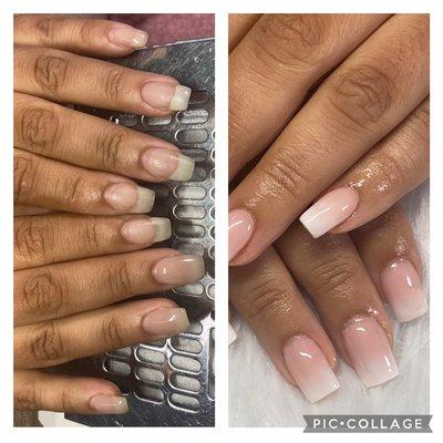 Before: not my work polish did not stay on      After: short pink and white ombré