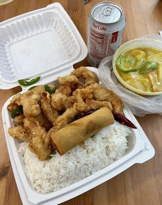 Doordash delivery order of Salt and Pepper Chicken combo with rice, egg roll, and drink + 19. Curry Fish Ball