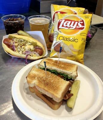 Here is a deal, a great Chicago Dog, a truly out of this world BLT sandwich with chips a Diet Coke and A BUD all for $16.00.