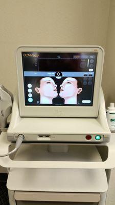 Ultherapy uses HIFU technology and is well known for non-surgical face, neck, & brow lift with no downtime.