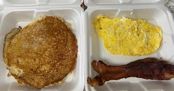 Pancakes, bacon, scrambled eggs