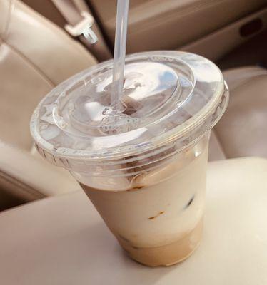 Pistachio iced coffee with half and half.