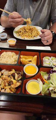 Chicken bento box and combo lo mein