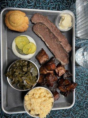 Two meat plate w/ collards Mac and Cheese.