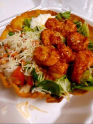 Shrimp salad in a tortilla bowl