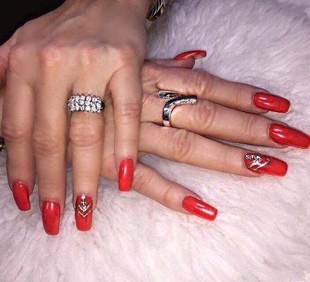 Unique Red Acrylics with Exclusive Gold - Stones Design