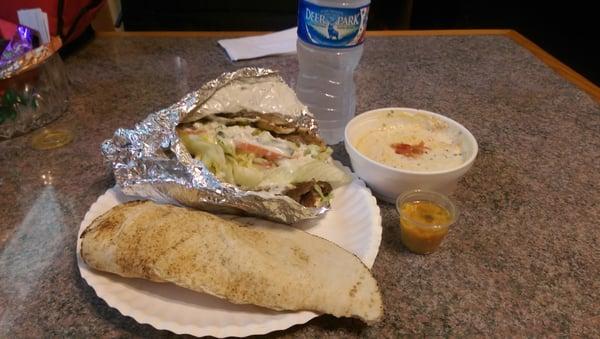 All this for under $10.  Hummus. Pita. Gyro. Water. And spicy secret sauce.