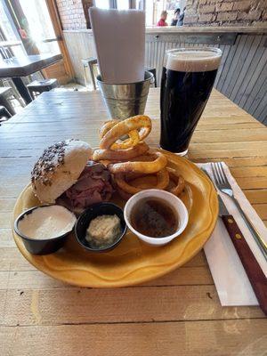 Beef on weck, onion rings and a Guinness!