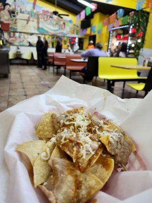 Chips with beans and salsa provided while we waited for our food