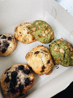 My favorite scones! Blueberry cream cheese, chocolate chip banana, matcha white chocolate chip