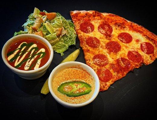 Lunch speacial $8.99 before 3pm. Chz or Pepperoni slice, Caesar salad & drink. Sub house-made soup for $2.00