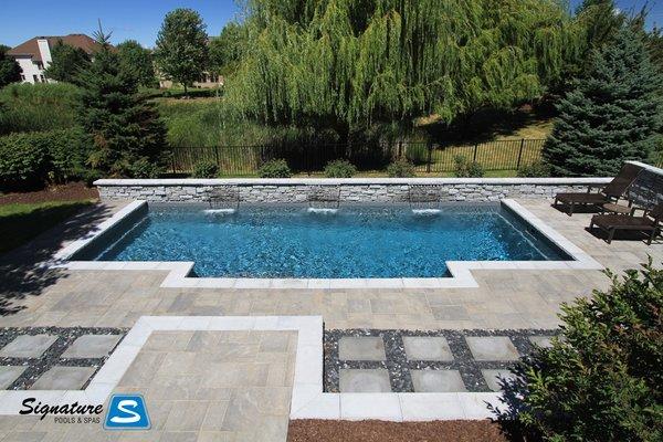 Signature Pool in Oswego, IL.  This Signature Fiberglass Pool is 33' x 14' 6" and is called the Elegance 33.