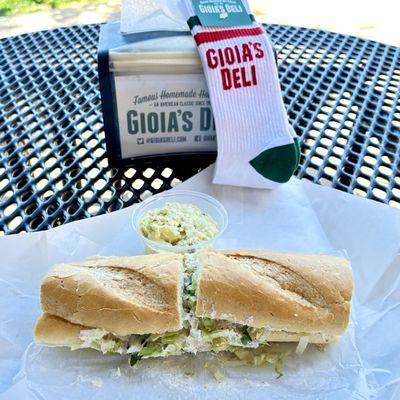 Chicken Salad sandwich, potato salad, and socks