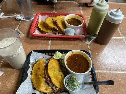 Birria tacos and horchata