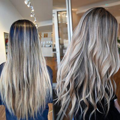 Icy blonde before and after on brunette hair