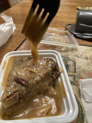 Hummingbird bread pudding with thick rich salted caramel sauce