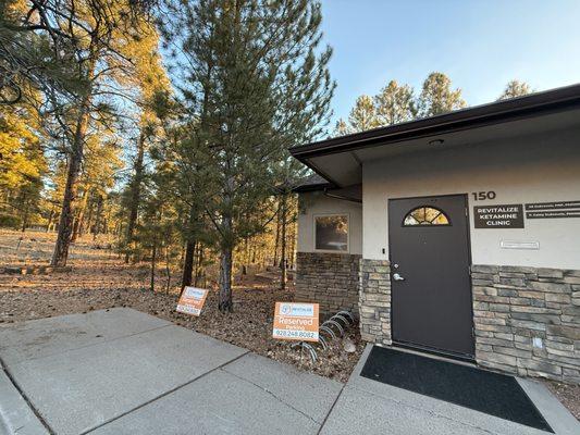 Our front entrance, at the end of the complex, encircled by the woods. We love our new space, private, inviting, pleasant and healing.