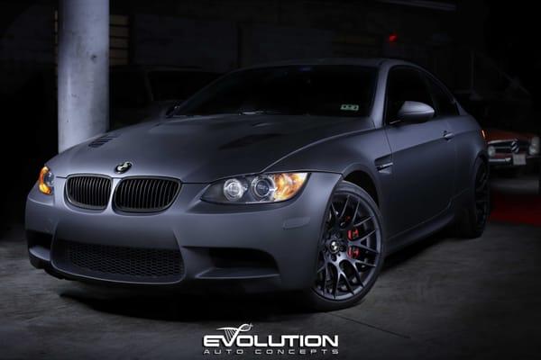 This M3 originally had a Dallas car wrap in Matte White. We did a Dallas plasti dip finish in matte grey on it with window tint.