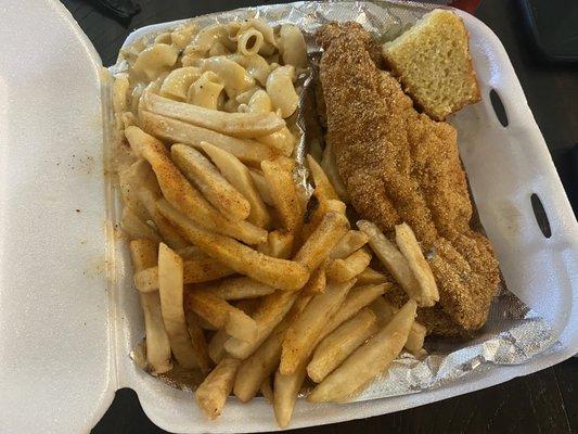 Catfish, Mac and cheese, fries.