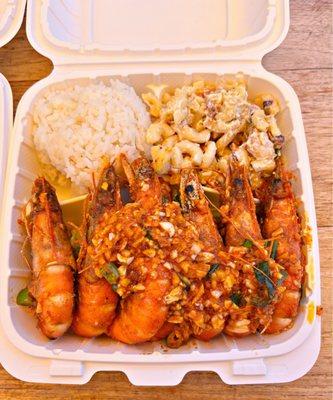 Spicy Garlic Shrimp, Mac and Potato Salad and White Rice