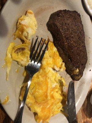 Sirloin and cheese Scrambled Eggs off of the country boys breakfast