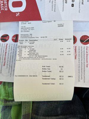 $88 to Mount balance 2 tires. Wow. Only $20ea @ the lil mom & pop tire shop down the road...