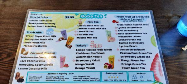 Boba Tea Menu