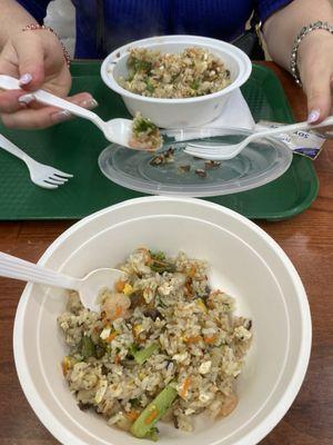 Single order of Fried Rice Plate with Shrimp and Egg, split between two people.