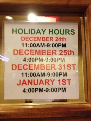 Hours for Christmas Eve, Christmas, New Year's Eve and New Years