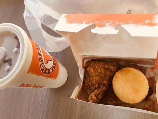 Two-piece chicken (one breast, one leg) and buttermilk biscuit from doing receipt survey. Purchase of large drink ($3.69) required.