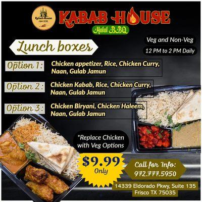 Lunch boxes only for $9.99 daily between 12pm to 2pm

At Charminar Kabab House Frisco

#charminarkababhouse #kababhouse #frisc