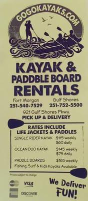 Rates as of June 26, 2015. Delivery fee $15 per order (not per kayak)