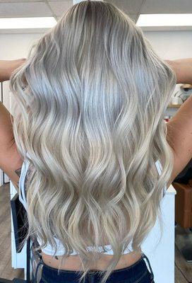 Artist Cameron- icy blonde all over highlights & long layers