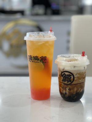 Passionfruit Fruit Tea with strawberry boba and Creme Brûlée brown Sugar Milk Tea with boba